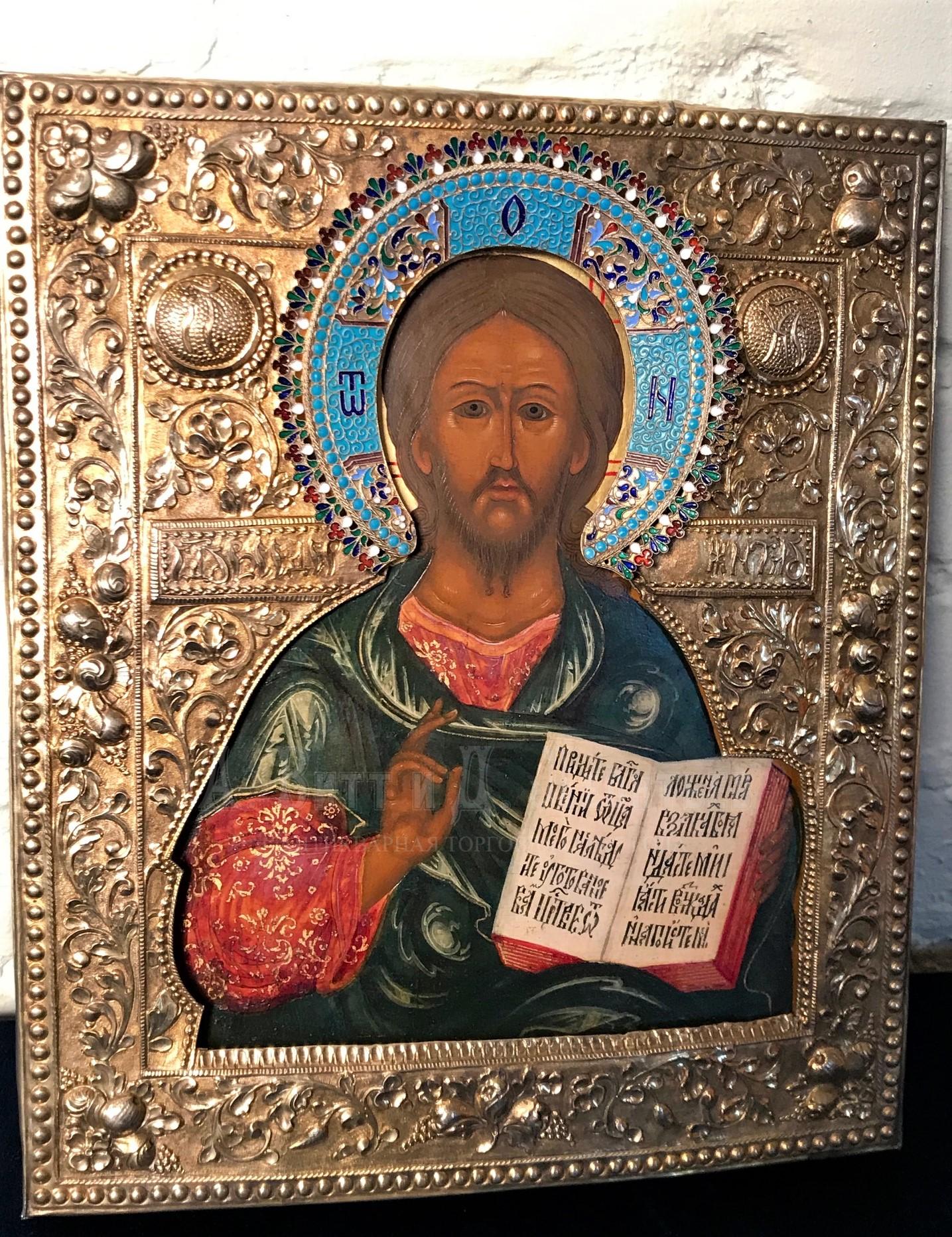 Антикварная икона Иисус Христос Господь Вседержитель в серебряном окладе